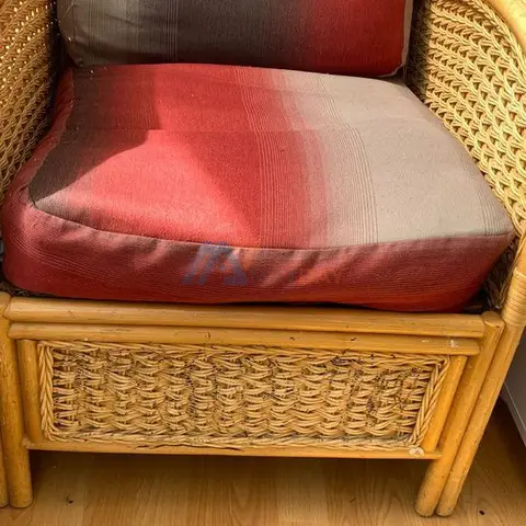 2 Chairs of King size bamboo chairs with cushion with scratches as showing £10 each - 2/5